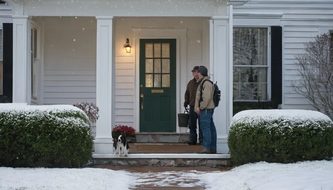 Homeowner talking with a pest control provider at the front door of a house in New Stanton
